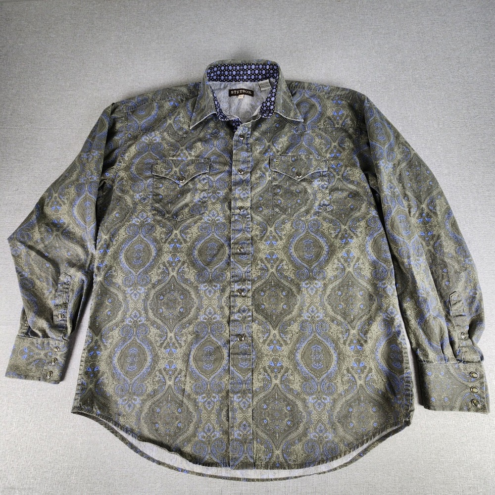 Stetson Mens Large Paisley Western Pearl Snap Shirt Green Blue Cowboy Fancy EUC